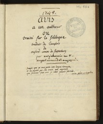 Avis à un auteur, ou Traité sur le soliloque : traduit de l'anglois de mylord comte de Shaftesbury..., par Mr Jehannin, conservateur au parlement de Bourgogne. 1745 | 